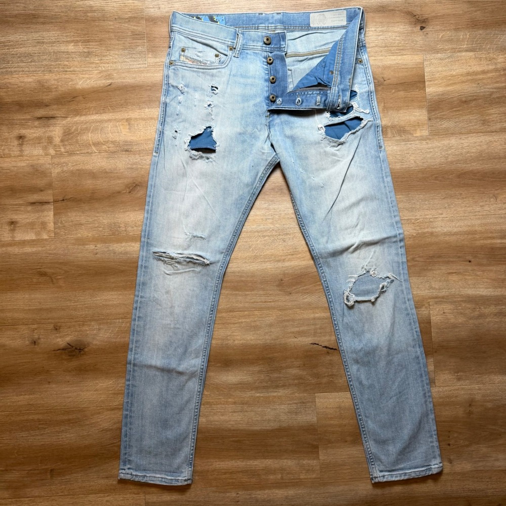 Diesel Tepphar Jeans Mens 30x30 Light Blue Distressed Slim Carrot Stretch 0857F